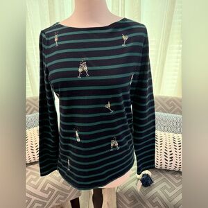 Talbots Green and Navy Striped Top with Cocktail Design, NWT, size small